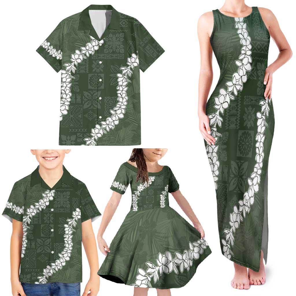 Hawaii Aloha Family Matching Tank Maxi Dress and Hawaiian Shirt Sage Quilt Patch Work Mix Plumeria Lei LT7 - Polynesian Pride