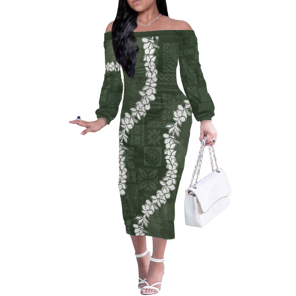Hawaii Aloha Off The Shoulder Long Sleeve Dress Sage Quilt Patch Work Mix Plumeria Lei LT7 Women Sage - Polynesian Pride