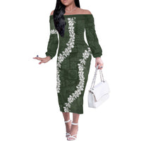Hawaii Aloha Off The Shoulder Long Sleeve Dress Sage Quilt Patch Work Mix Plumeria Lei LT7 Women Sage - Polynesian Pride