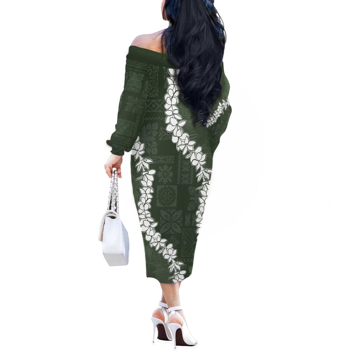 Hawaii Aloha Off The Shoulder Long Sleeve Dress Sage Quilt Patch Work Mix Plumeria Lei LT7 - Polynesian Pride