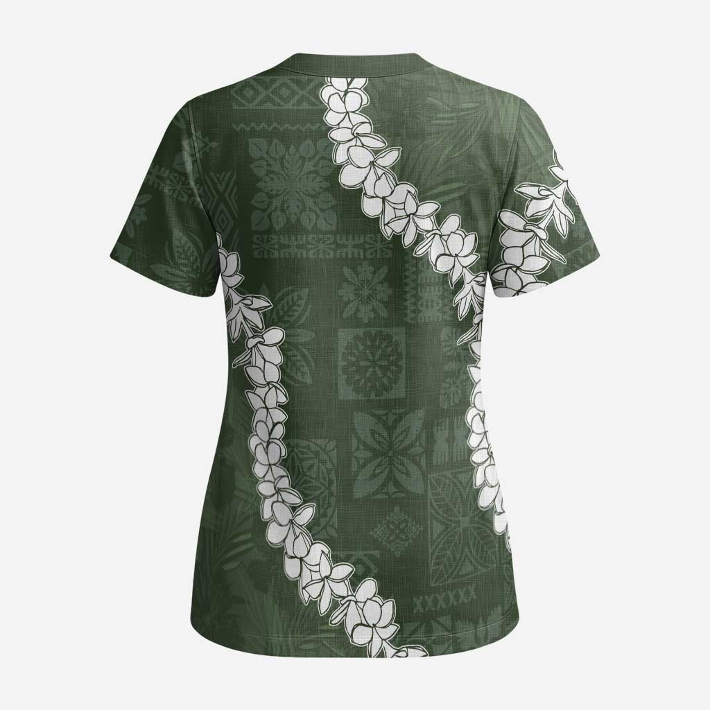 Hawaii Aloha Scrub Top Sage Quilt Patch Work Mix Plumeria Lei - Polynesian Pride