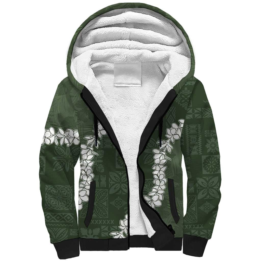 Hawaii Aloha Sherpa Hoodie Sage Quilt Patch Work Mix Plumeria Lei LT7 Unisex Sage - Polynesian Pride