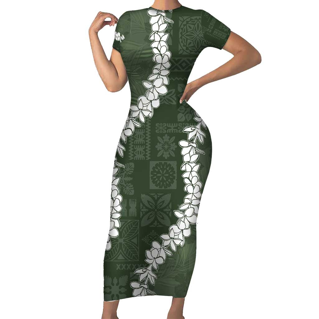 Hawaii Aloha Short Sleeve Bodycon Dress Sage Quilt Patch Work Mix Plumeria Lei