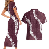 Hawaii Aloha Couples Matching Short Sleeve Bodycon Dress and Hawaiian Shirt Champange Quilt Patch Work Mix Plumeria Lei