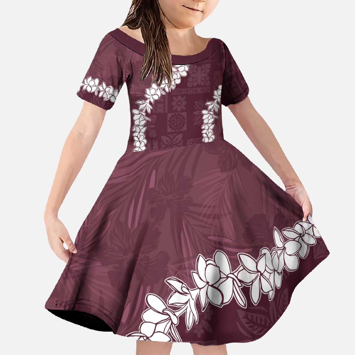 Hawaii Aloha Family Matching Off The Shoulder Long Sleeve Dress and Hawaiian Shirt Champange Quilt Patch Work Mix Plumeria Lei LT7 Daughter's Dress Champange - Polynesian Pride