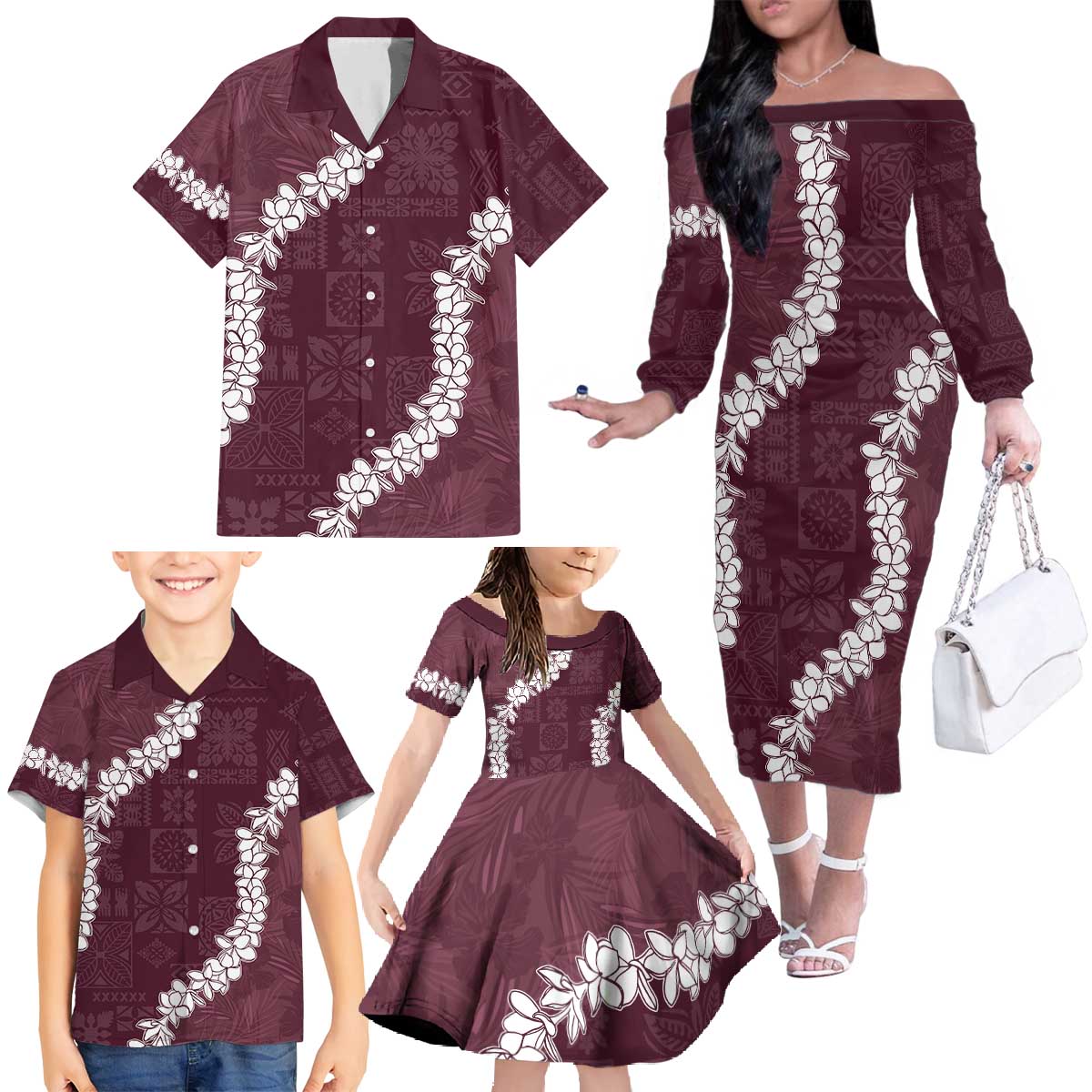 Hawaii Aloha Family Matching Off The Shoulder Long Sleeve Dress and Hawaiian Shirt Champange Quilt Patch Work Mix Plumeria Lei LT7 - Polynesian Pride