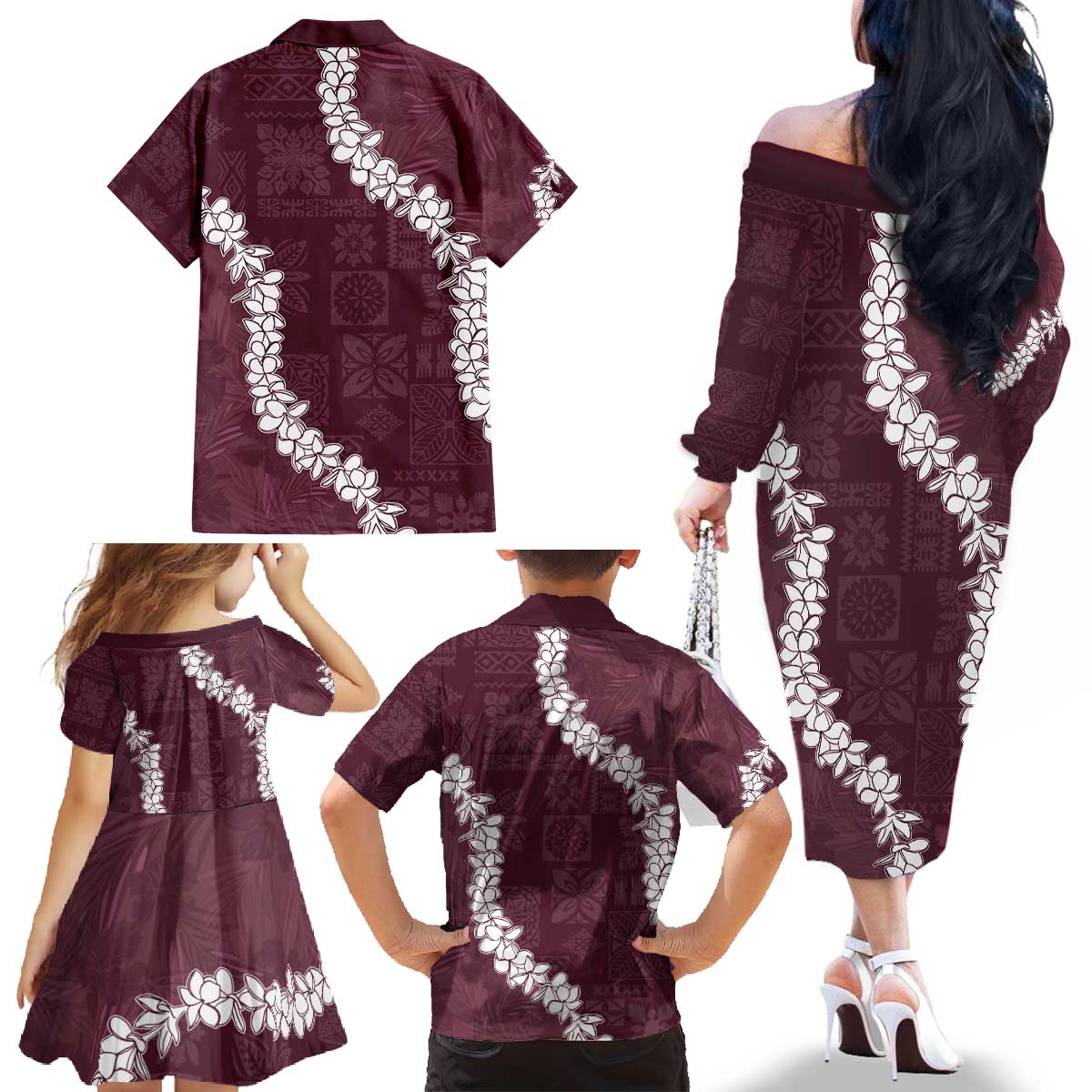 Hawaii Aloha Family Matching Off The Shoulder Long Sleeve Dress and Hawaiian Shirt Champange Quilt Patch Work Mix Plumeria Lei LT7 - Polynesian Pride