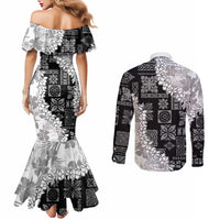 Hawaii Aloha Couples Matching Mermaid Dress and Long Sleeve Button Shirt White Quilt Patch Work Mix Plumeria Lei LT7 - Polynesian Pride