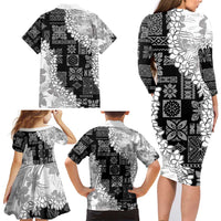 Hawaii Aloha Family Matching Long Sleeve Bodycon Dress and Hawaiian Shirt White Quilt Patch Work Mix Plumeria Lei LT7 - Polynesian Pride