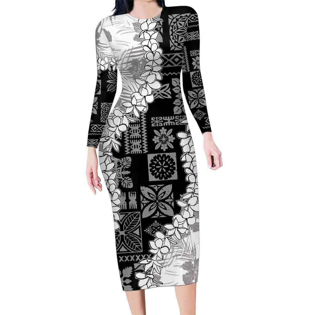 Hawaii Aloha Family Matching Long Sleeve Bodycon Dress and Hawaiian Shirt White Quilt Patch Work Mix Plumeria Lei LT7 Mom's Dress White - Polynesian Pride