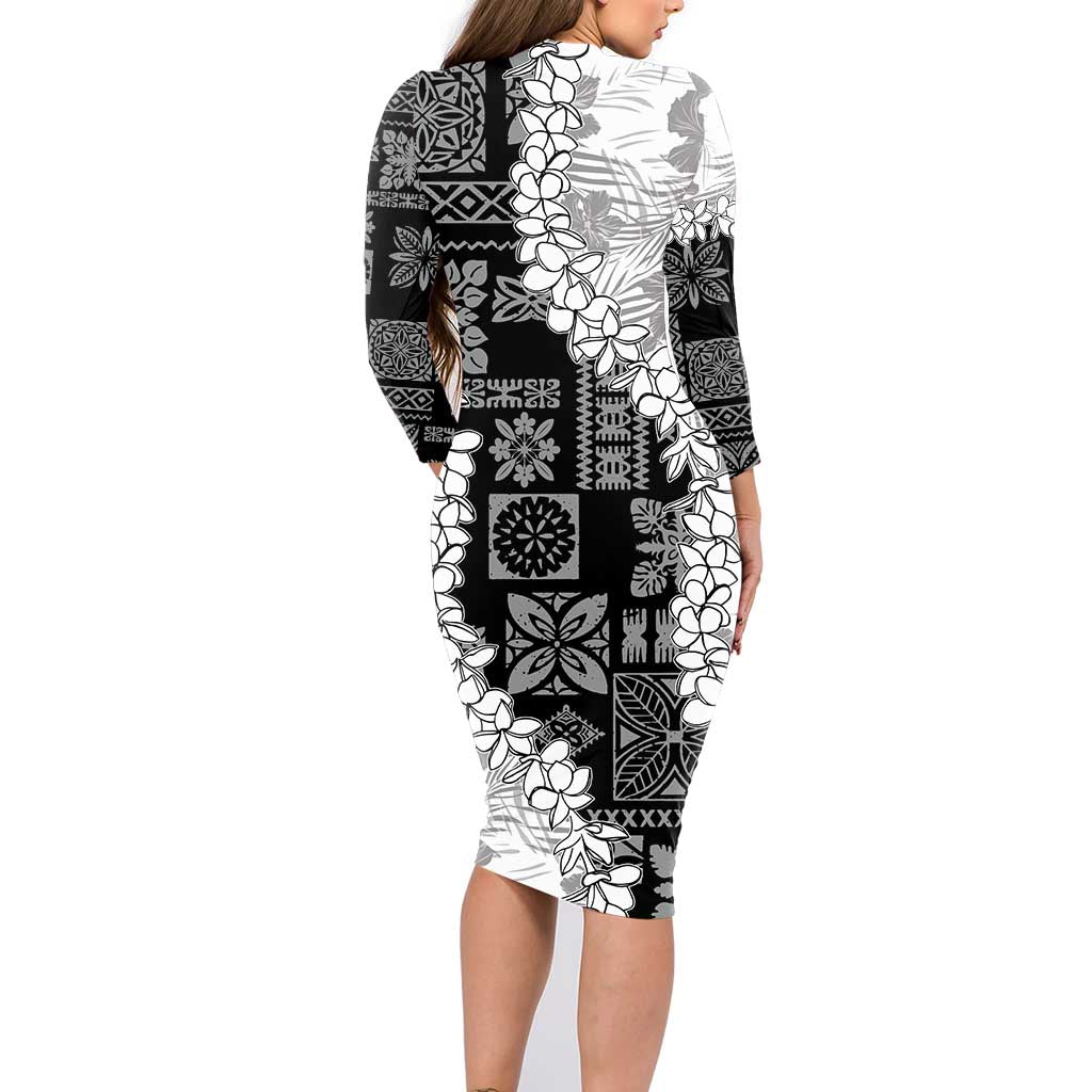 Hawaii Aloha Family Matching Long Sleeve Bodycon Dress and Hawaiian Shirt White Quilt Patch Work Mix Plumeria Lei LT7 - Polynesian Pride