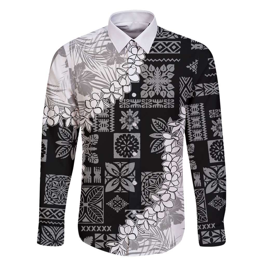 Hawaii Aloha Family Matching Mermaid Dress and Hawaiian Shirt White Quilt Patch Work Mix Plumeria Lei LT7 Dad's Shirt - Long Sleeve White - Polynesian Pride