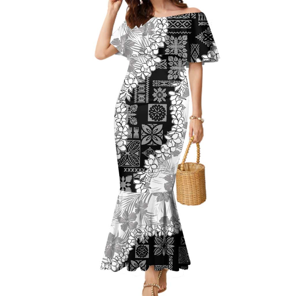 Hawaii Aloha Family Matching Mermaid Dress and Hawaiian Shirt White Quilt Patch Work Mix Plumeria Lei LT7 Mom's Dress White - Polynesian Pride