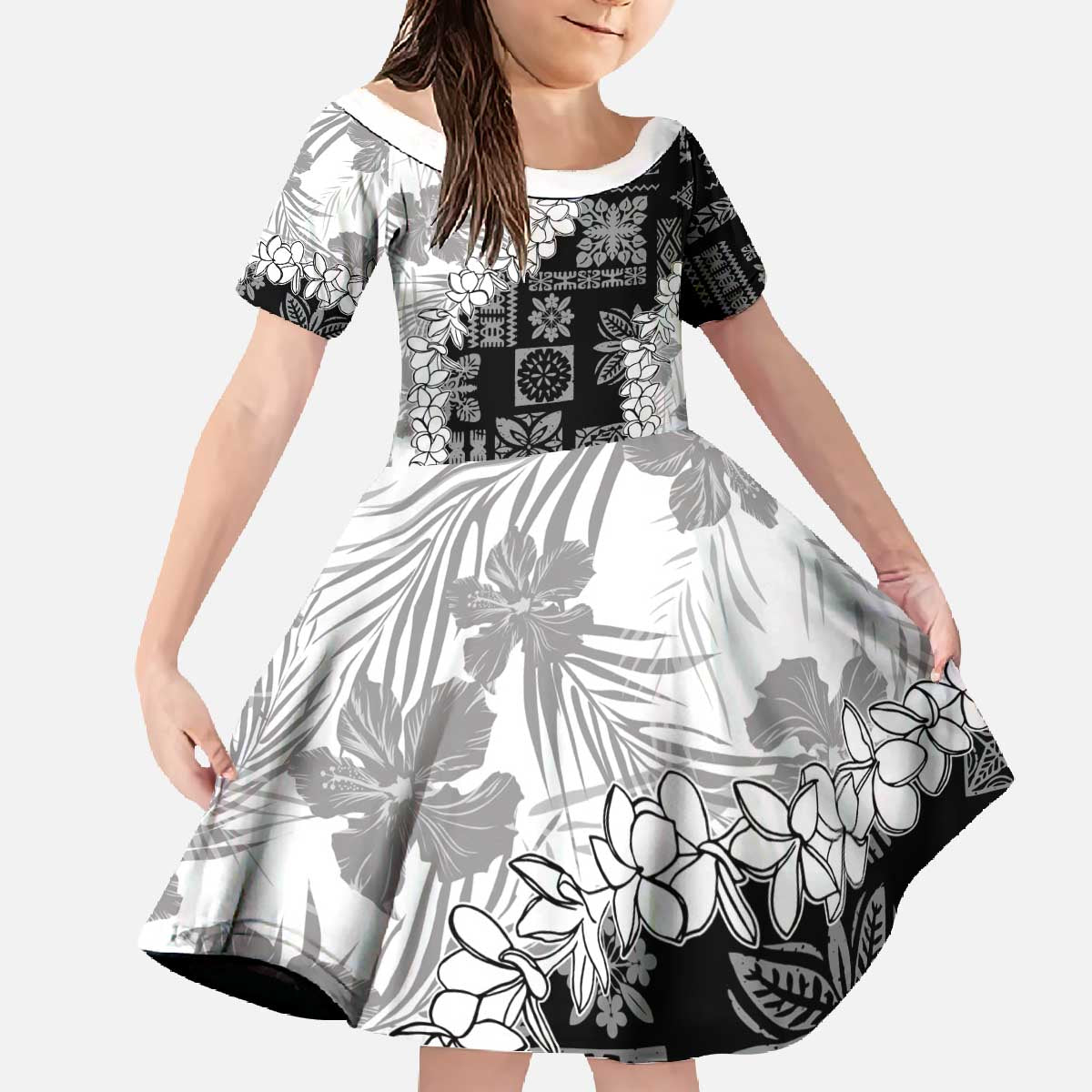 Hawaii Aloha Family Matching Off The Shoulder Long Sleeve Dress and Hawaiian Shirt White Quilt Patch Work Mix Plumeria Lei LT7 Daughter's Dress White - Polynesian Pride