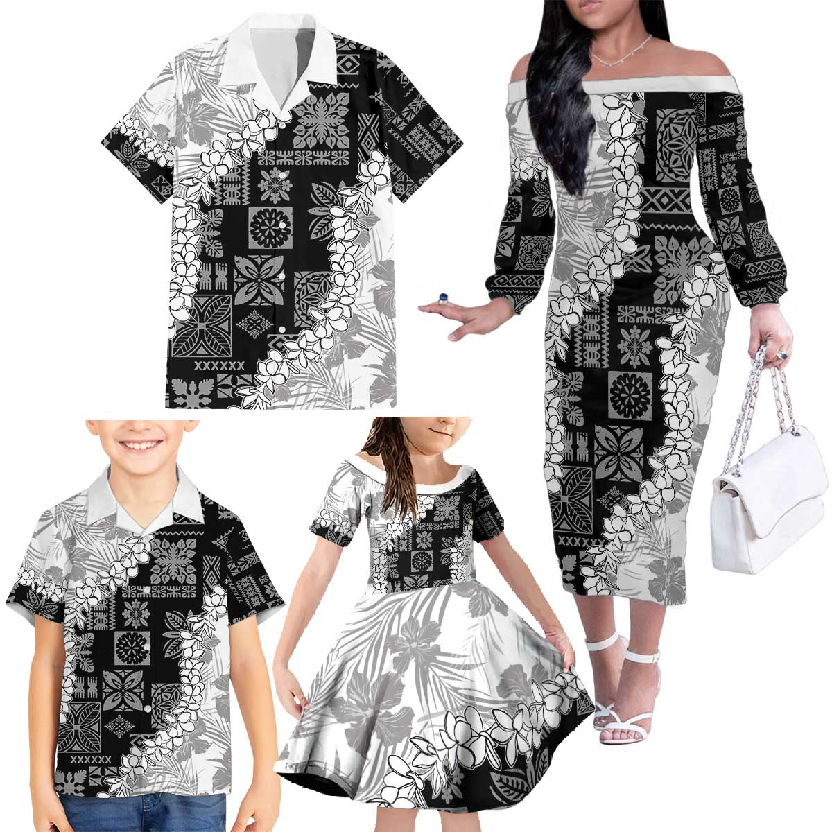 Hawaii Aloha Family Matching Off The Shoulder Long Sleeve Dress and Hawaiian Shirt White Quilt Patch Work Mix Plumeria Lei LT7 - Polynesian Pride