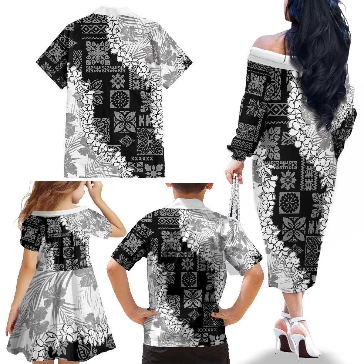 Hawaii Aloha Family Matching Off The Shoulder Long Sleeve Dress and Hawaiian Shirt White Quilt Patch Work Mix Plumeria Lei LT7 - Polynesian Pride