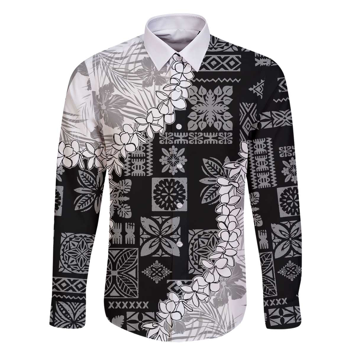 Hawaii Aloha Family Matching Off The Shoulder Long Sleeve Dress and Hawaiian Shirt White Quilt Patch Work Mix Plumeria Lei LT7 Dad's Shirt - Long Sleeve White - Polynesian Pride