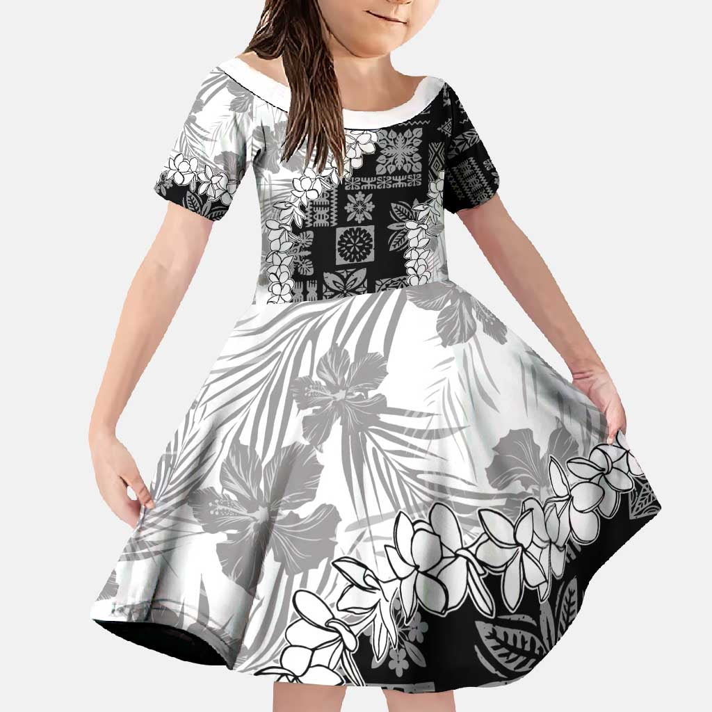 Hawaii Aloha Family Matching Short Sleeve Bodycon Dress and Hawaiian Shirt White Quilt Patch Work Mix Plumeria Lei LT7 Daughter's Dress White - Polynesian Pride