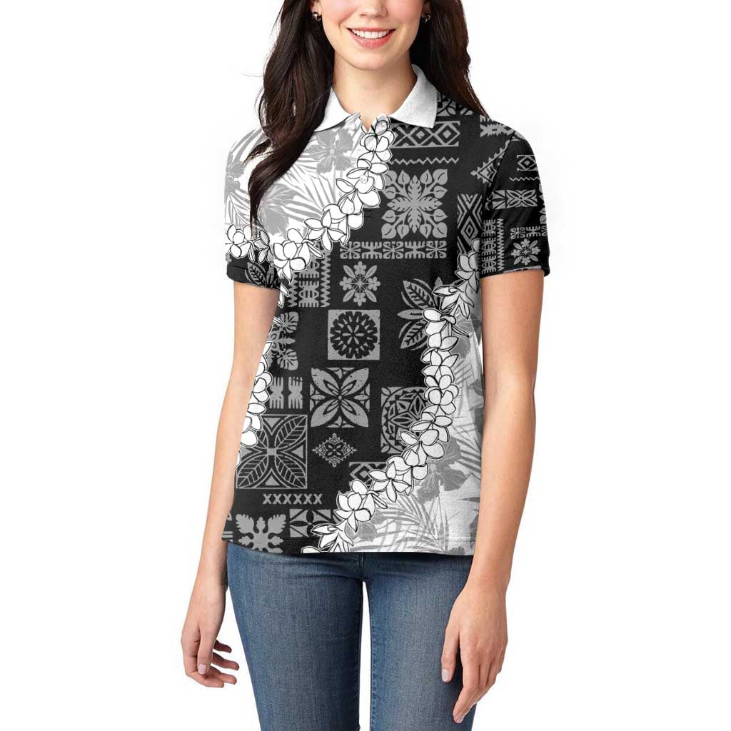 Hawaii Aloha Women Polo Shirt White Quilt Patch Work Mix Plumeria Lei LT7 - Polynesian Pride