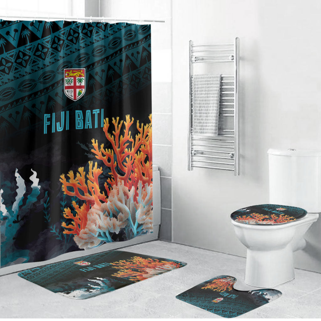 Fiji Bati Rugby Viti Masi Bathroom Set Coral Motifs LT7 Bathroom Set (4 pcs) Black Turquoise - Polynesian Pride