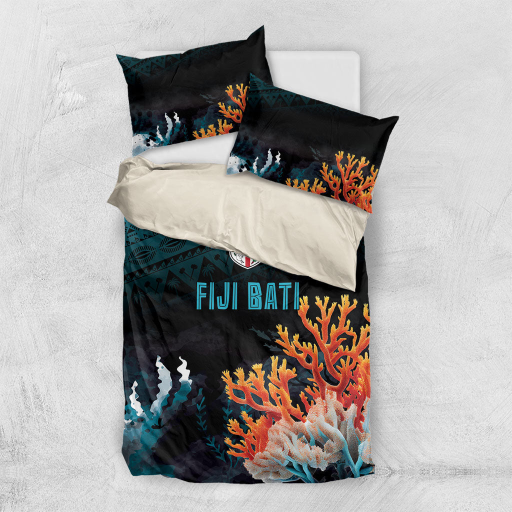 Fiji Bati Rugby Viti Masi Bedding Set Coral Motifs LT7 US Twin 172cm x 218cm Black Turquoise - Polynesian Pride