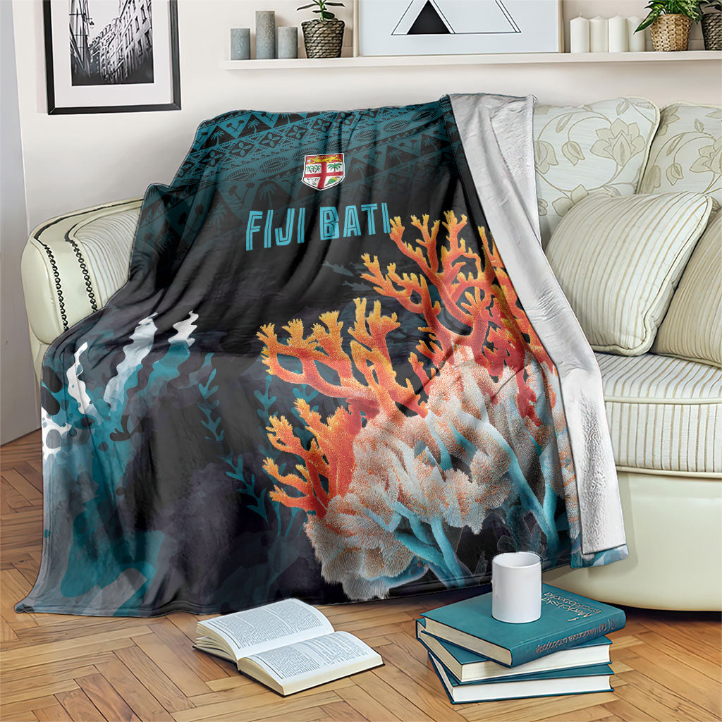 Fiji Bati Rugby Viti Masi Blanket Coral Motifs LT7 Black Turquoise - Polynesian Pride
