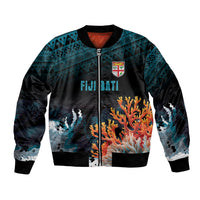 Fiji Bati Rugby Custom Viti Masi Bomber Jacket Coral Motifs LT7 Unisex Black Turquoise - Polynesian Pride