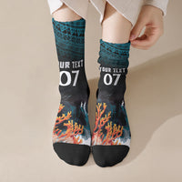 Fiji Bati Rugby Custom Viti Masi Crew Socks Coral Motifs LT7 Crew Socks Black Turquoise - Polynesian Pride