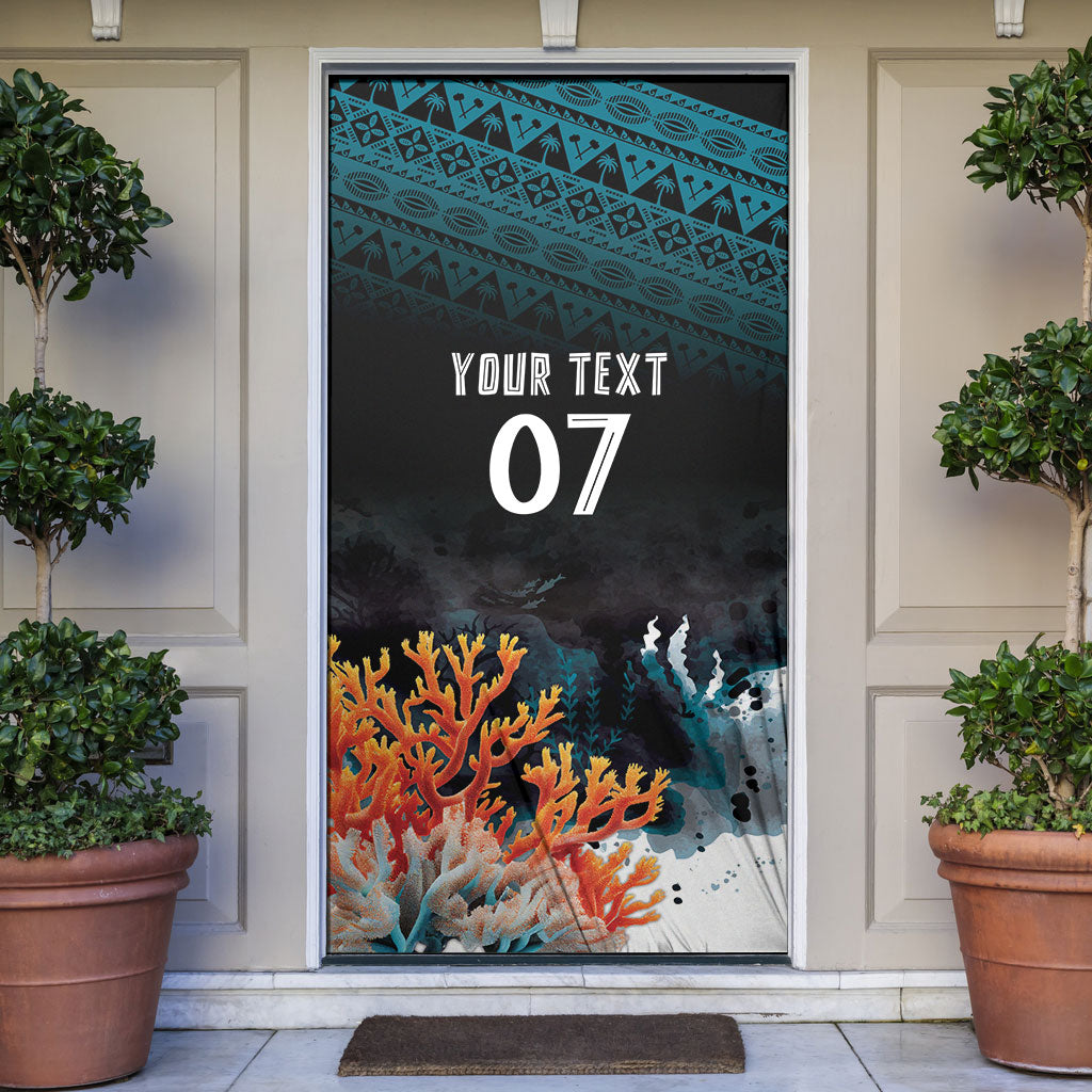 Fiji Bati Rugby Custom Viti Masi Door Cover Coral Motifs LT7 Black Turquoise - Polynesian Pride