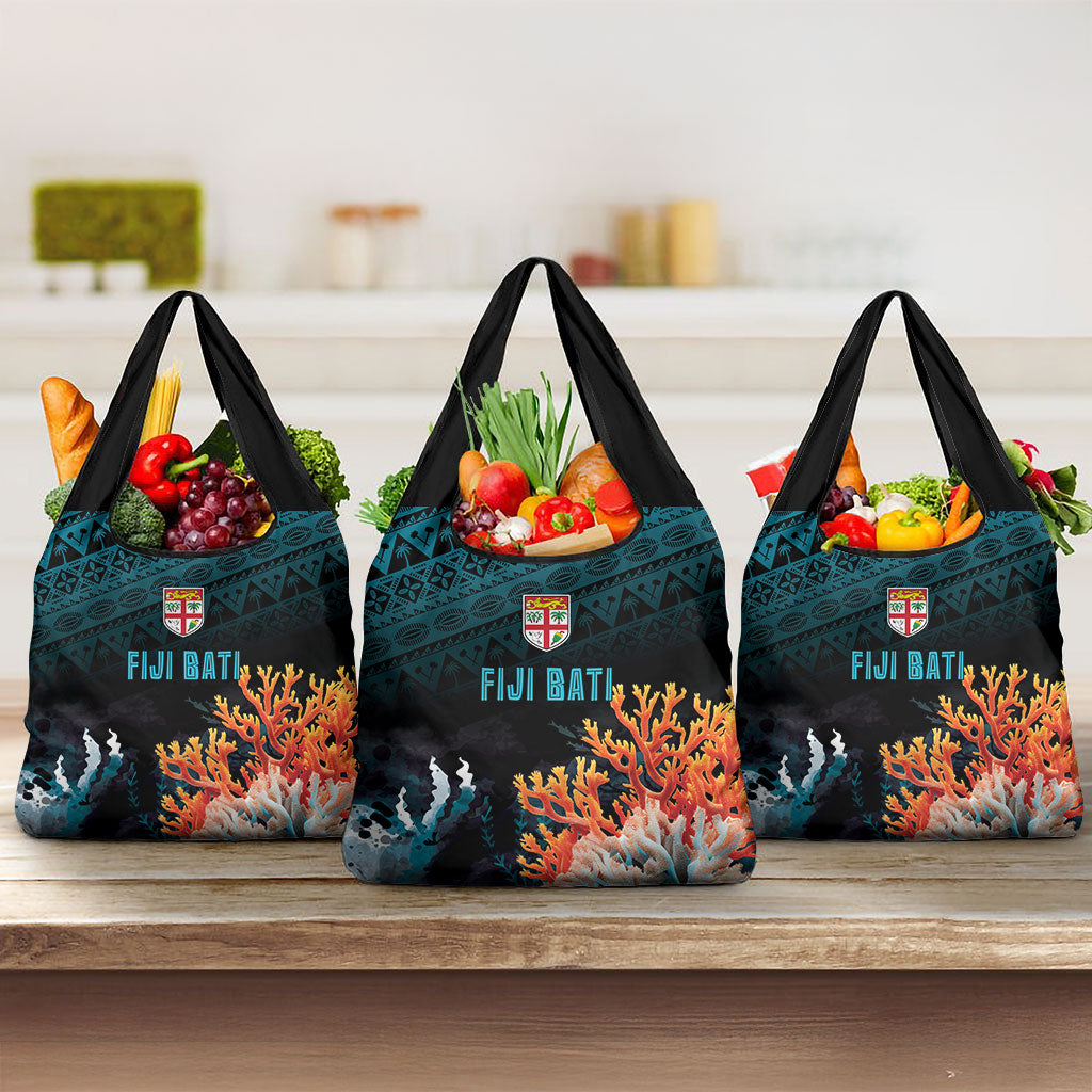 Fiji Bati Rugby Viti Masi Grocery Bag Coral Motifs LT7 3-pack One Size Black Turquoise - Polynesian Pride