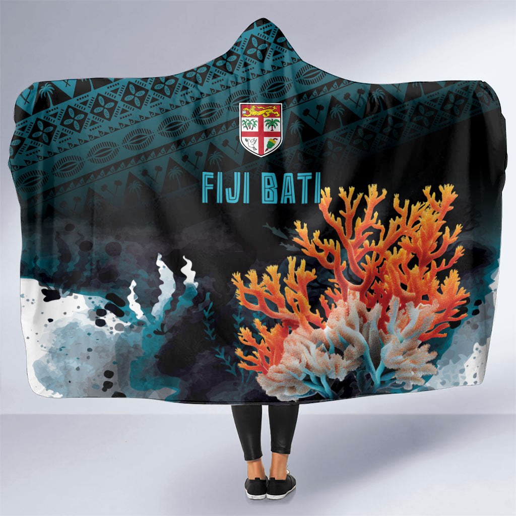 Fiji Bati Rugby Viti Masi Hooded Blanket Coral Motifs LT7 One Size Black Turquoise - Polynesian Pride