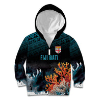 Fiji Bati Rugby Custom Viti Masi Kid Hoodie Coral Motifs LT7 Zip Hoodie Black Turquoise - Polynesian Pride