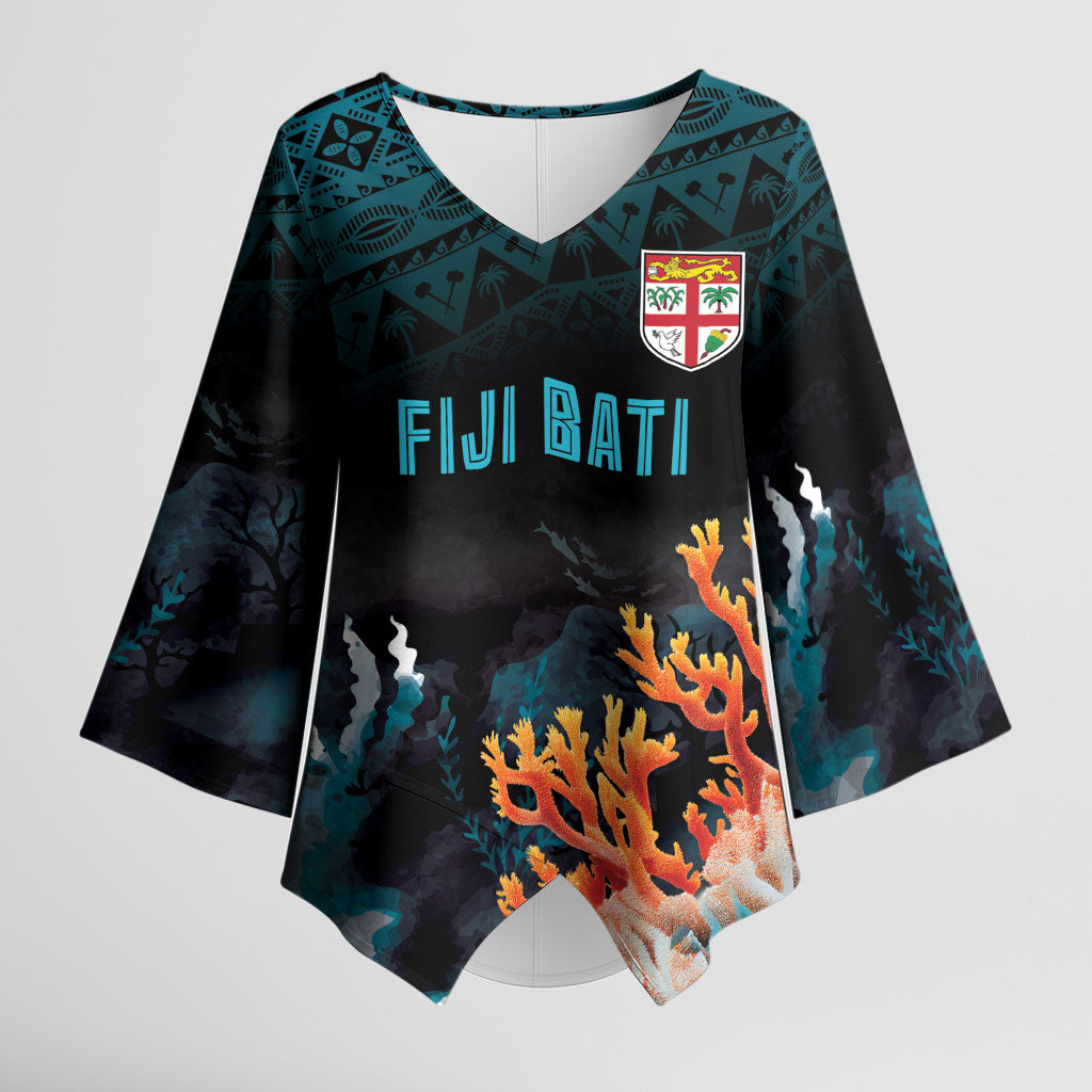 Fiji Bati Rugby Custom Viti Masi Kimono Sleeve Blouse Coral Motifs LT7 Female Black Turquoise - Polynesian Pride