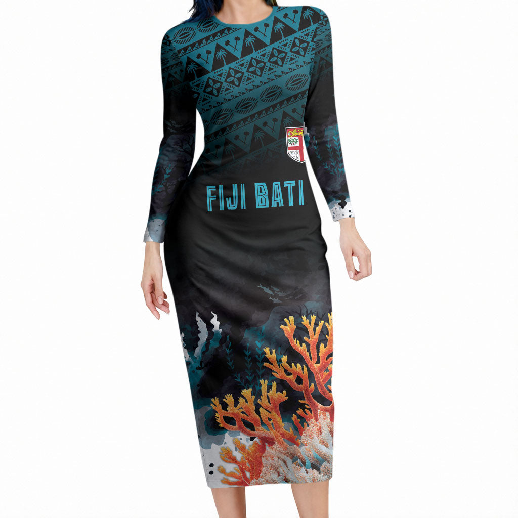 Fiji Bati Rugby Custom Viti Masi Long Sleeve Bodycon Dress Coral Motifs LT7 Long Dress Black Turquoise - Polynesian Pride