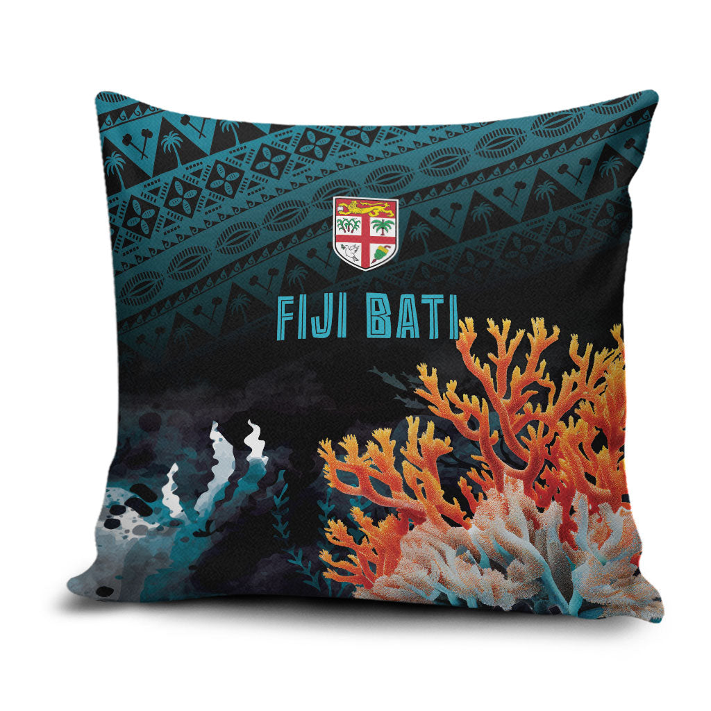 Fiji Bati Rugby Viti Masi Pillow Cover Coral Motifs LT7 Black Turquoise - Polynesian Pride