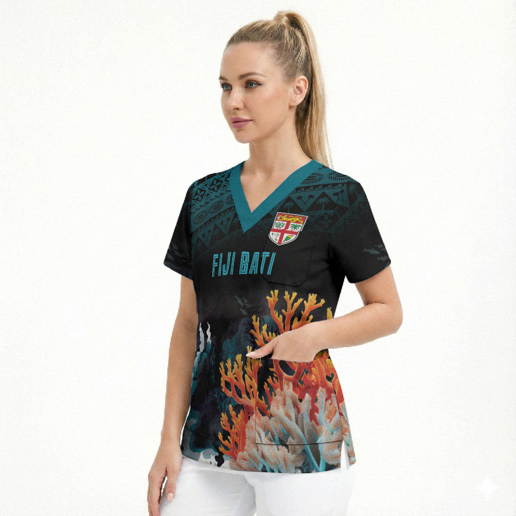 Fiji Bati Rugby Custom Viti Masi Scrub Top Coral Motifs LT7 - Polynesian Pride