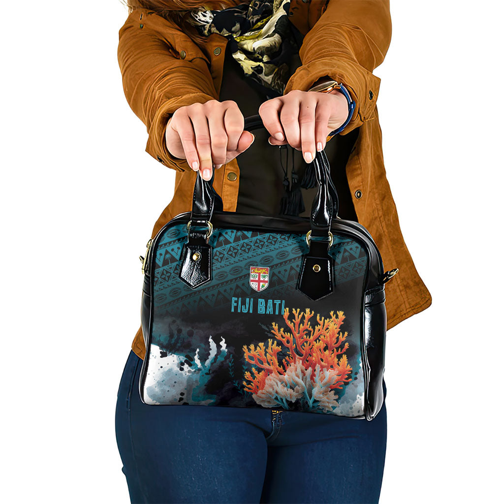 Fiji Bati Rugby Viti Masi Shoulder Handbag Coral Motifs LT7 One Size Black Turquoise - Polynesian Pride