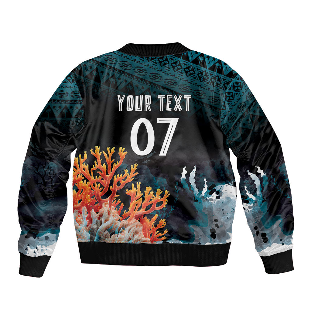 Fiji Bati Rugby Custom Viti Masi Sleeve Zip Bomber Jacket Coral Motifs LT7 - Polynesian Pride