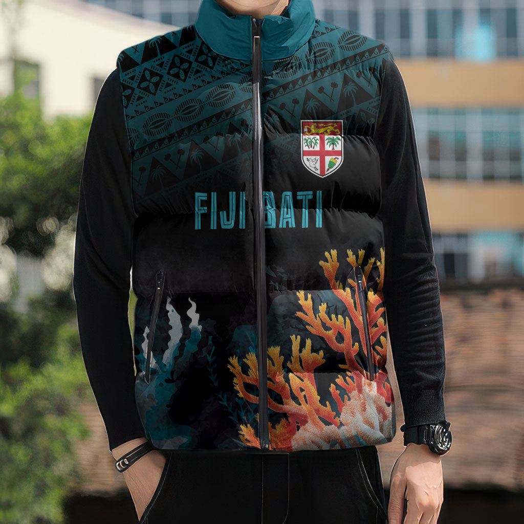 Fiji Bati Rugby Custom Viti Masi Sleeveless Puffer Jacket Coral Motifs LT7 - Polynesian Pride