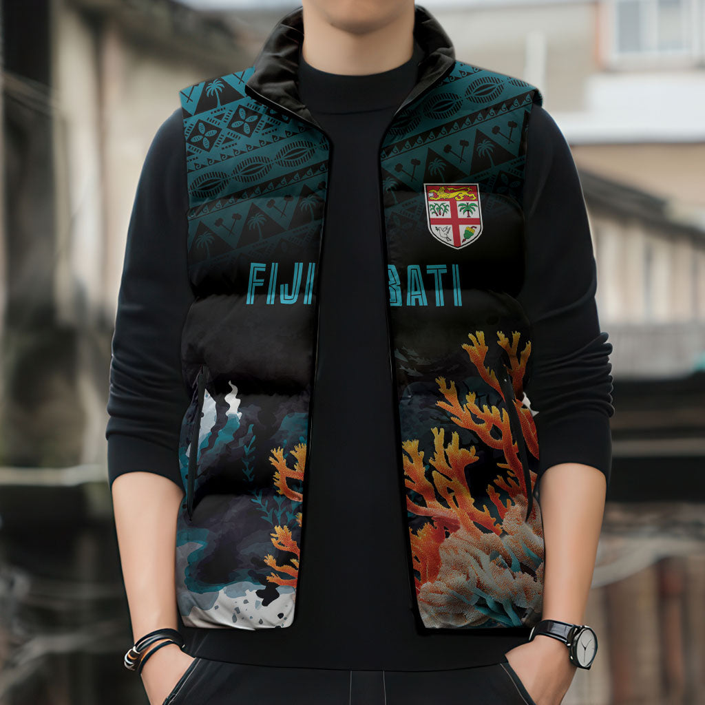 Fiji Bati Rugby Custom Viti Masi Sleeveless Puffer Jacket Coral Motifs LT7 - Polynesian Pride