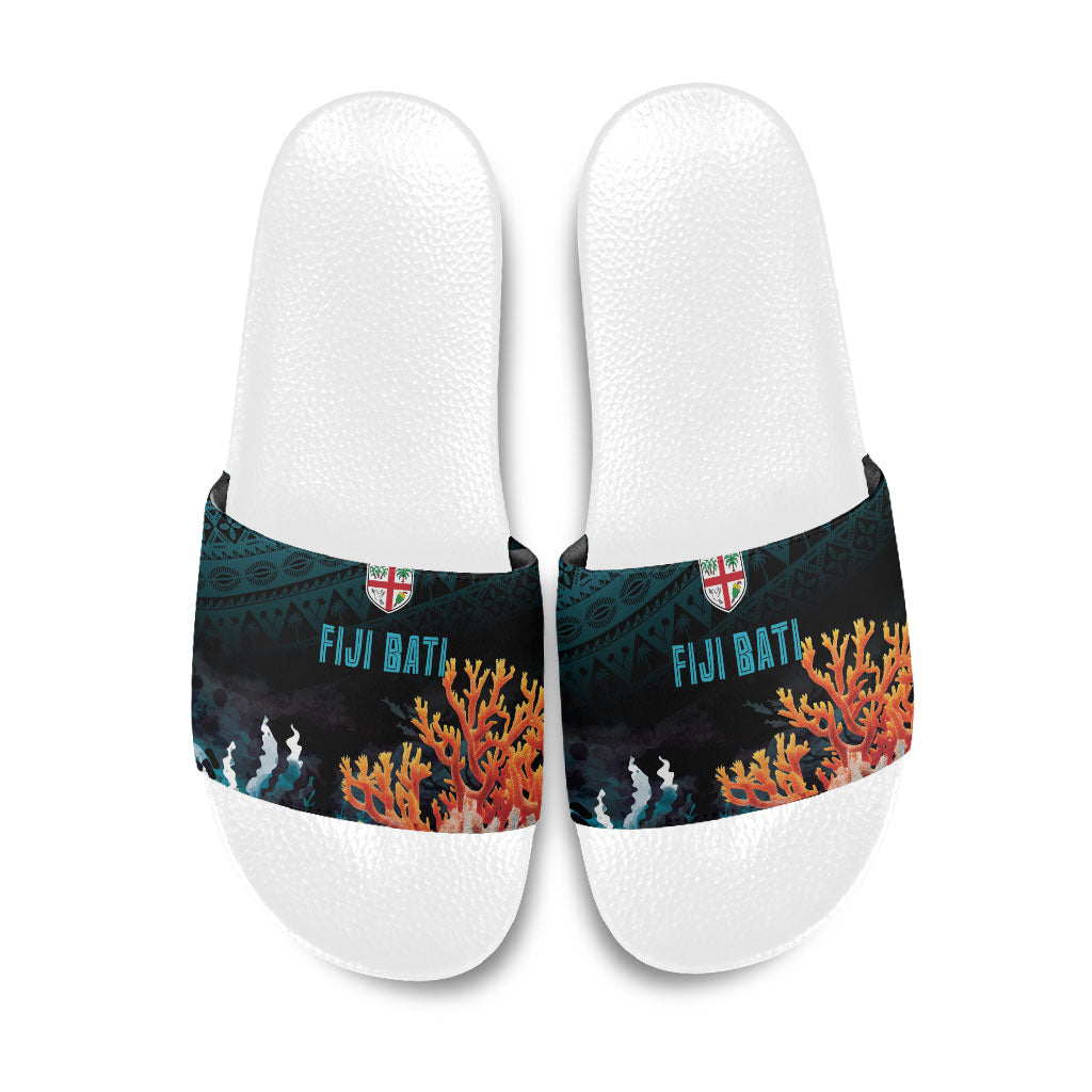 Fiji Bati Rugby Viti Masi Slide Sandals Coral Motifs LT7 Black Turquoise - Polynesian Pride