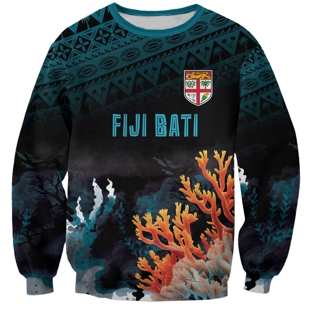 Fiji Bati Rugby Custom Viti Masi Sweatshirt Coral Motifs LT7 Unisex Black Turquoise - Polynesian Pride