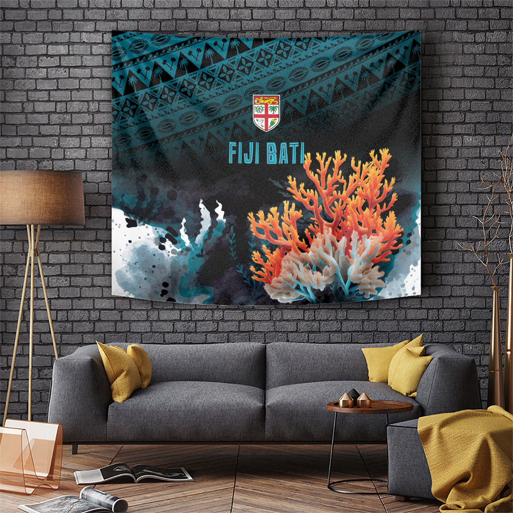 Fiji Bati Rugby Viti Masi Tapestry Coral Motifs LT7 Black Turquoise - Polynesian Pride