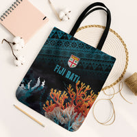 Fiji Bati Rugby Viti Masi Tote Bag Coral Motifs LT7 Black Strap One Size Black Turquoise - Polynesian Pride