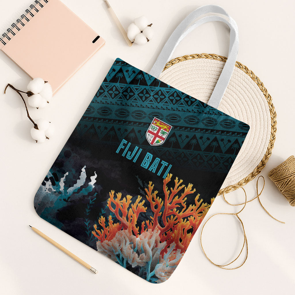 Fiji Bati Rugby Viti Masi Tote Bag Coral Motifs LT7 White Strap One Size Black Turquoise - Polynesian Pride