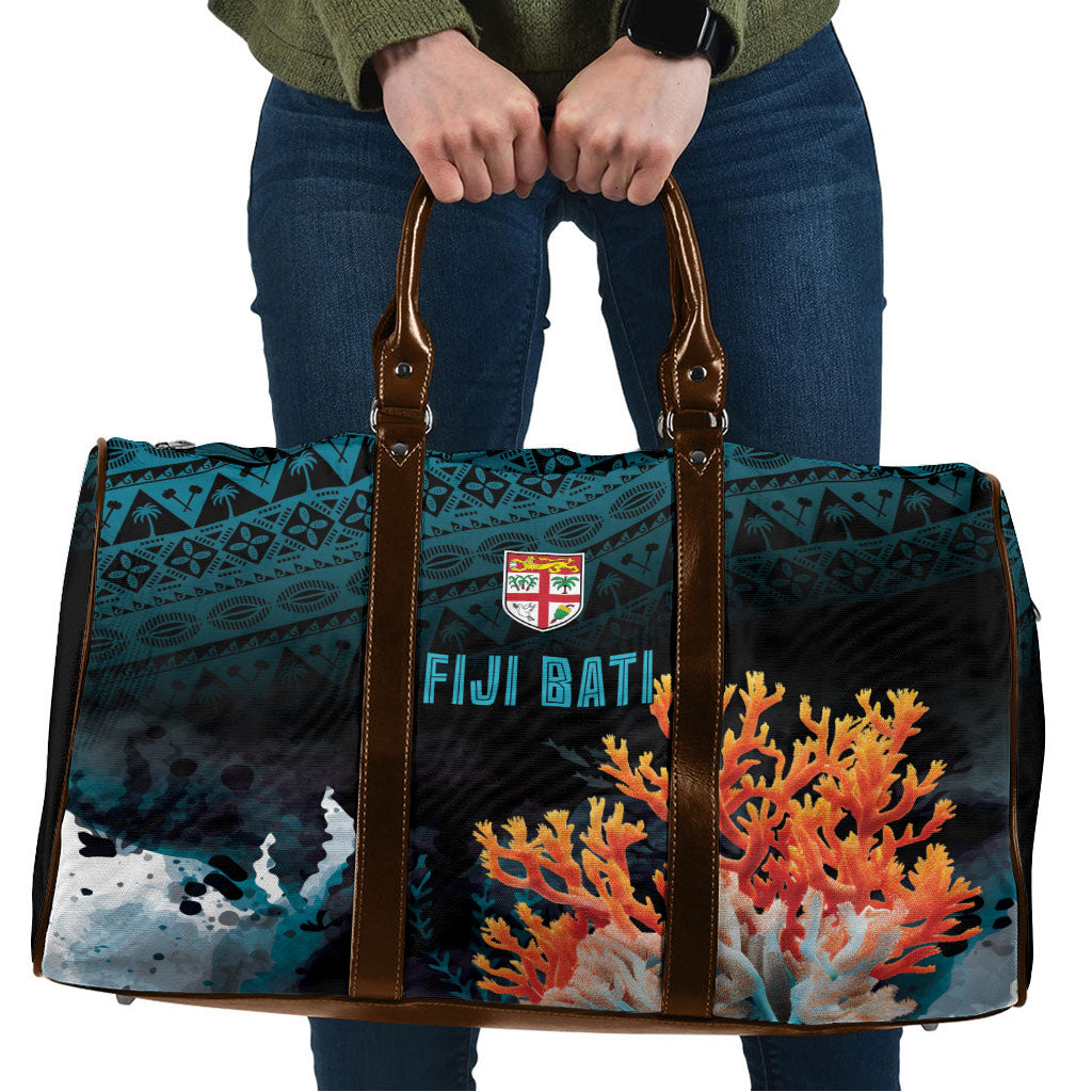 Fiji Bati Rugby Viti Masi Travel Bag Coral Motifs LT7 Black Turquoise - Polynesian Pride