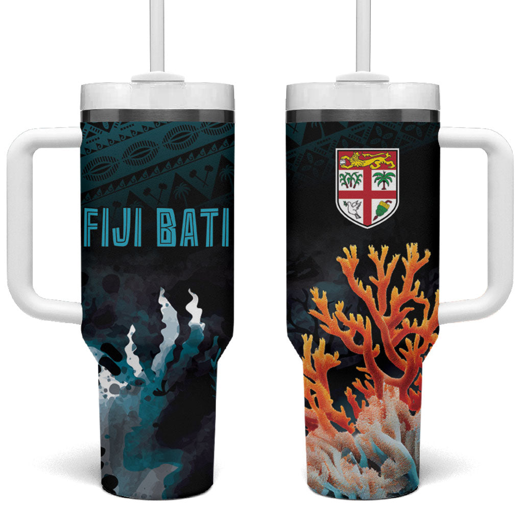 Fiji Bati Rugby Viti Masi Tumbler With Handle Coral Motifs LT7 One Size: 40 oz Black Turquoise - Polynesian Pride
