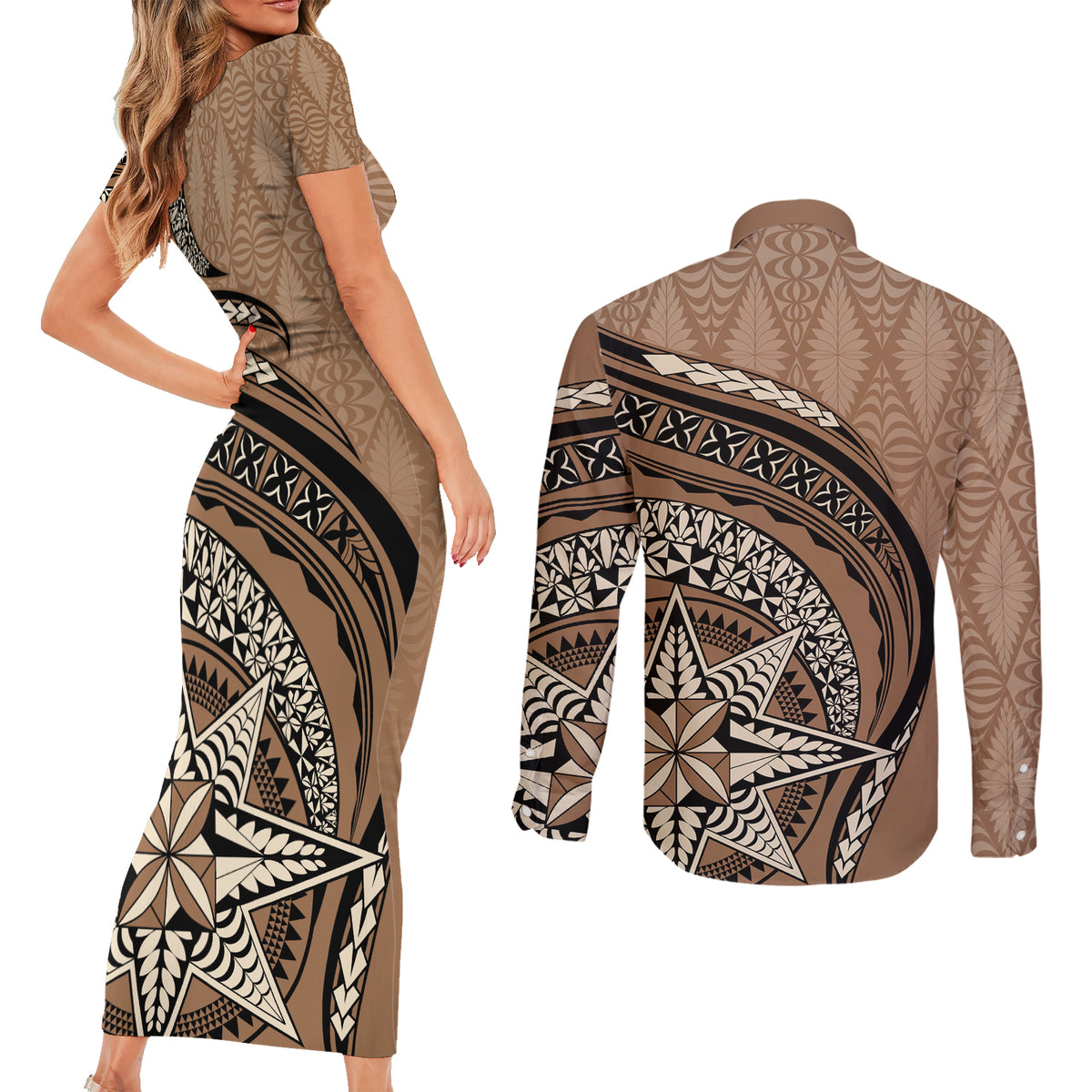 Tonga Ngatu Couples Matching Short Sleeve Bodycon Dress and Long Sleeve Button Shirt Tokelau Classic Motifs LT7 - Polynesian Pride