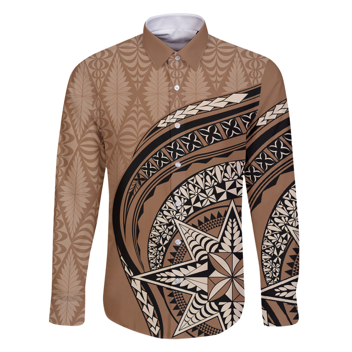 Tonga Ngatu Family Matching Off Shoulder Maxi Dress and Hawaiian Shirt Tokelau Classic Motifs LT7 Dad's Shirt - Long Sleeve Brown - Polynesian Pride