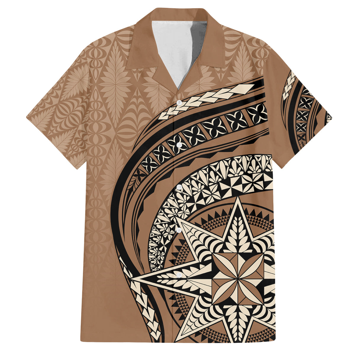 Tonga Ngatu Family Matching Off Shoulder Short Dress and Hawaiian Shirt Tokelau Classic Motifs LT7 Dad's Shirt - Short Sleeve Brown - Polynesian Pride